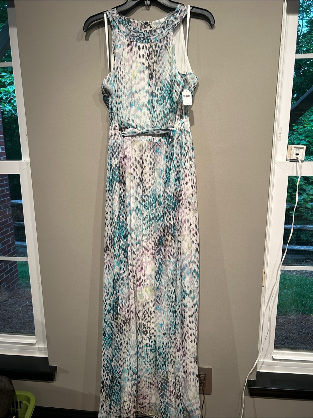Vince Camuto Teal, White & Gray Printed Sleeveless Maxi Dress